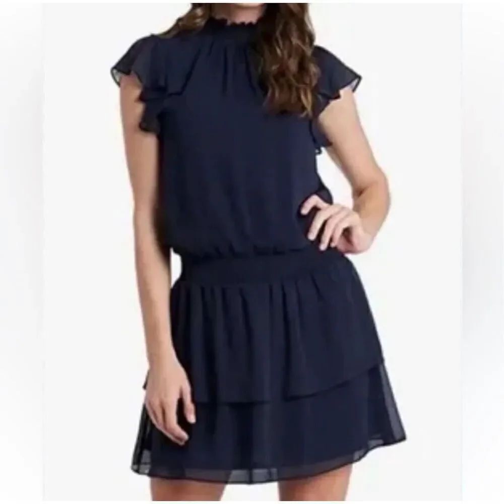 1. State Navy Ruffled Tiered High Neck Mini Dress sz L EUC